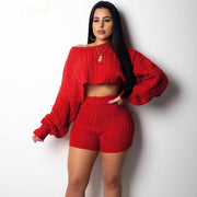Two-Piece Set Women Clothes Autumn Winter Outfits Long Sleeve Knit Sweater Tops+Bodycon Shorts Suit Sexy Matching Sets Sizes S-XL